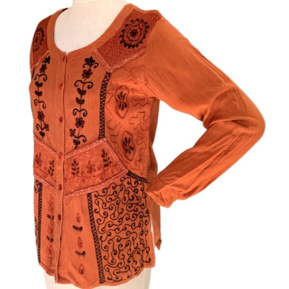 Select Boutique BOHO Embroidered Button Front Tunic Top S/M Rust Brown 87E - Picture 4 of 6